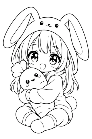 うさ耳パーカーのちびキャラ — アニメ塗り絵