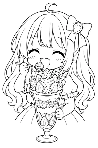 ちびキャラといちごパフェ — アニメ塗り絵