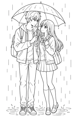 雨の日の相合い傘 — アニメ塗り絵
