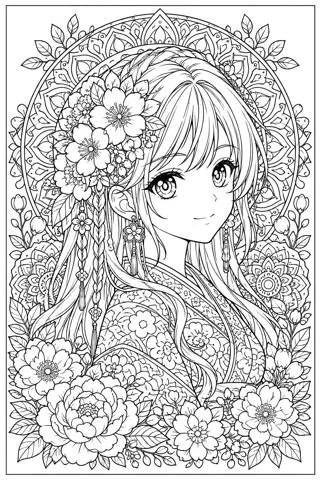 花とマンダラの女の子 — アニメ塗り絵