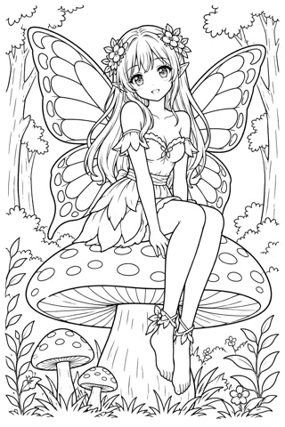 きのこに座る妖精 — アニメ塗り絵