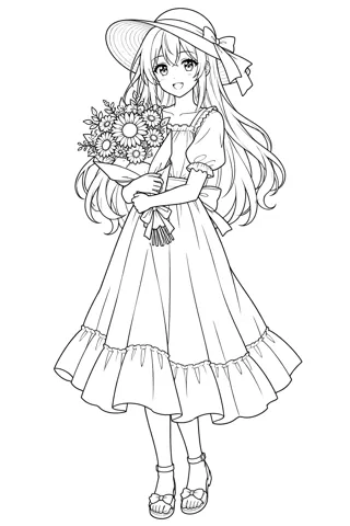 花束を持つ女の子 — アニメ塗り絵