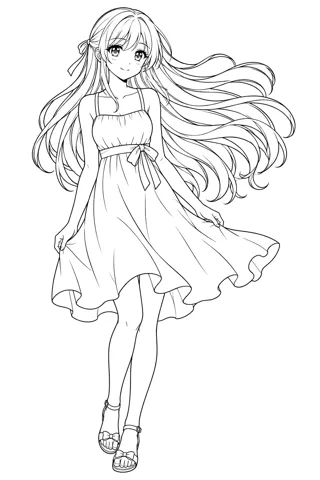 ロングヘアの女の子・全身 — アニメ塗り絵