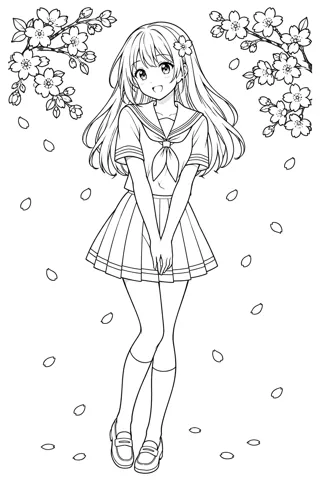 セーラー服と桜 — アニメ塗り絵