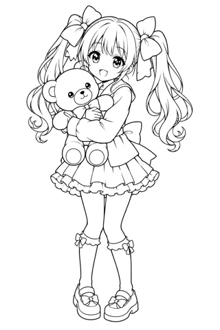 ツインテールとテディベア — アニメ塗り絵